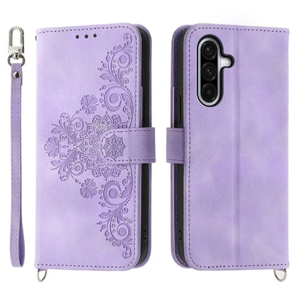 For Samsung Galaxy A56 5G Case Flower Pattern PU Leather Wallet Phone Cover with Strap - Light Purple