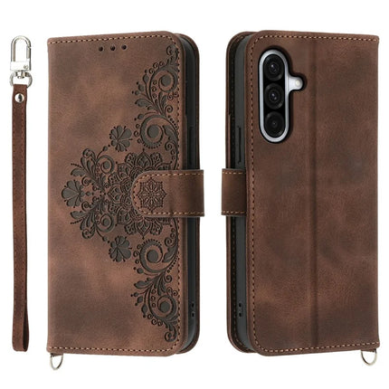 For Samsung Galaxy A56 5G Case Flower Pattern PU Leather Wallet Phone Cover with Strap - Brown