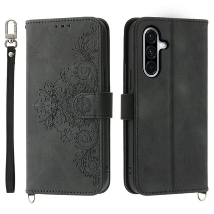 For Samsung Galaxy A56 5G Case Flower Pattern PU Leather Wallet Phone Cover with Strap - Black