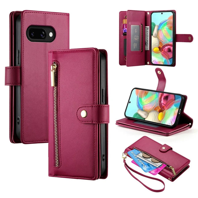 DF-011 For Google Pixel 9a Case Zipper Pocket Wallet Leather Phone Cover with Straps - Red