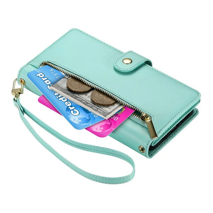 DF-011 For Google Pixel 9a Case Zipper Pocket Wallet Leather Phone Cover with Straps