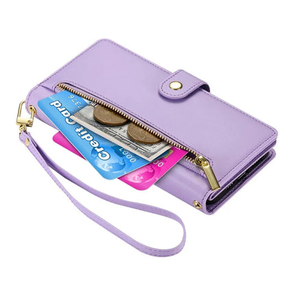 DF-011 For Google Pixel 9a Case Zipper Pocket Wallet Leather Phone Cover with Straps