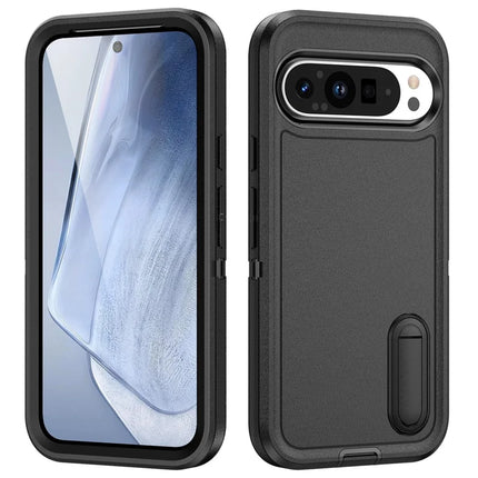 For Google Pixel 9 Pro / Pixel 9 Case Kickstand Phone Cover PC+Silicone+EVA 3-in-1 Design - Black+Black