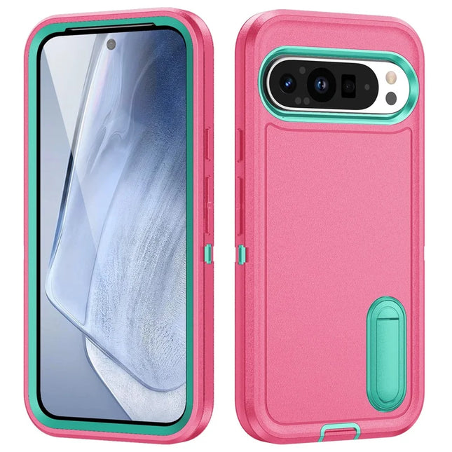 For Google Pixel 9 Pro XL Case Kickstand Phone Cover PC+Silicone+EVA 3-in-1 Design - Rose+Light Cyan