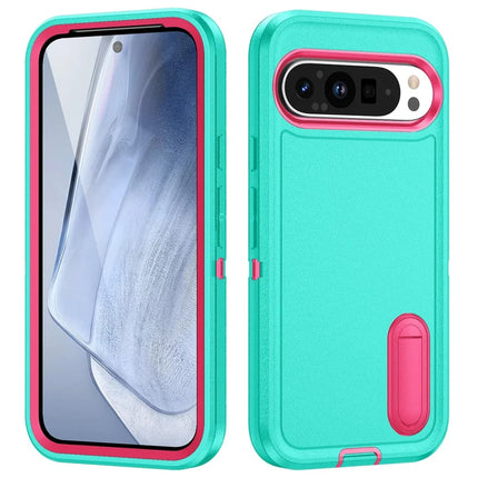 For Google Pixel 9 Pro XL Case Kickstand Phone Cover PC+Silicone+EVA 3-in-1 Design - Light Cyan+Rose