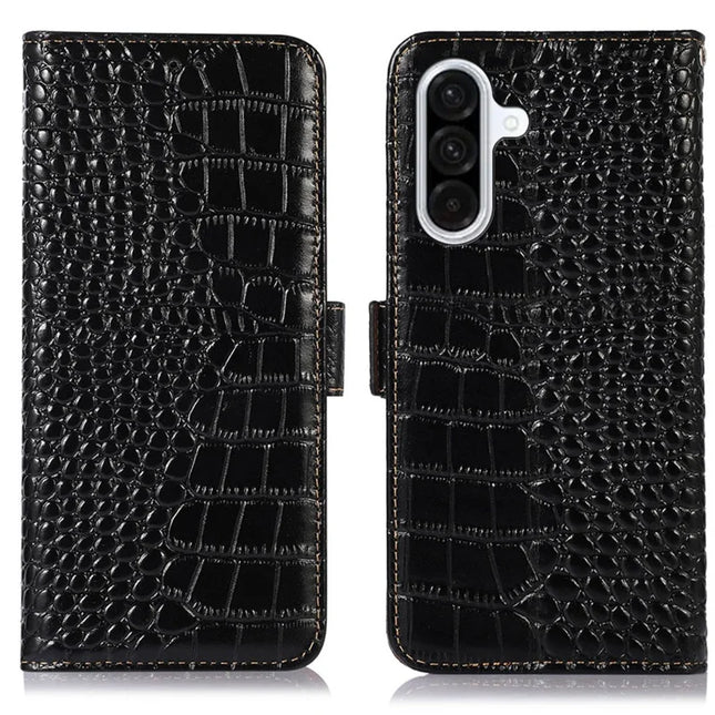 For Samsung Galaxy A26 5G Case Crocodile Texture Genuine Cow Leather Phone Wallet Cover - Black