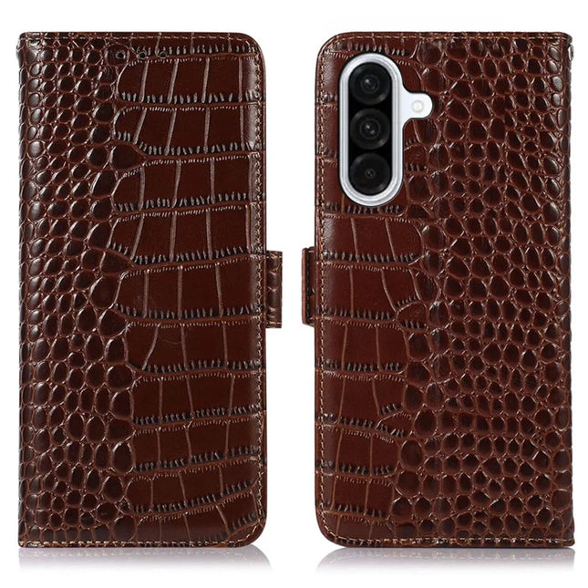 For Samsung Galaxy A26 5G Case Crocodile Texture Genuine Cow Leather Phone Wallet Cover - Brown