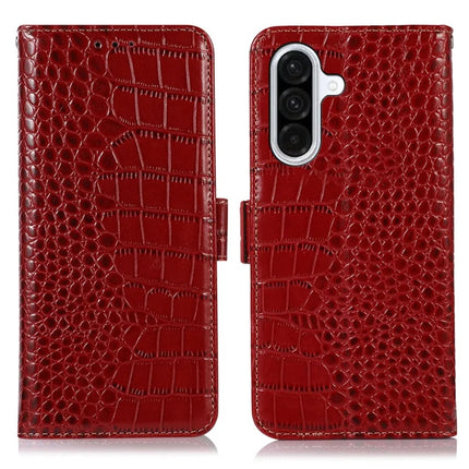 For Samsung Galaxy A26 5G Case Crocodile Texture Genuine Cow Leather Phone Wallet Cover - Red