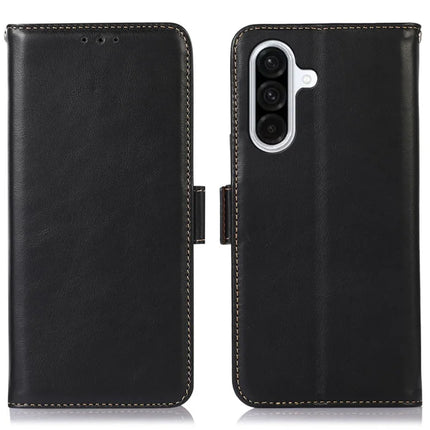 For Samsung Galaxy A26 5G Case RFID Blocking Genuine Cow Leather Wallet Phone Cover - Black