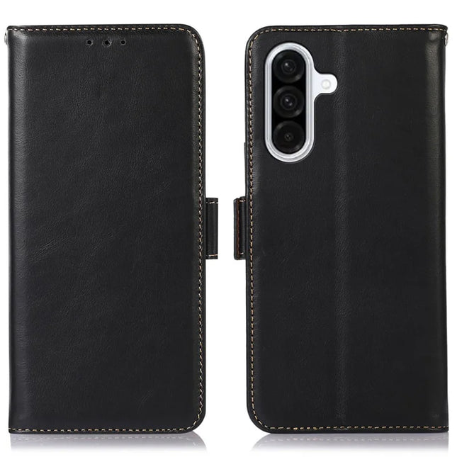 For Samsung Galaxy A26 5G Case RFID Blocking Genuine Cow Leather Wallet Phone Cover - Black