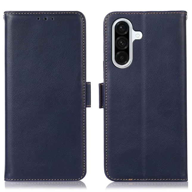 For Samsung Galaxy A26 5G Case RFID Blocking Genuine Cow Leather Wallet Phone Cover - Blue