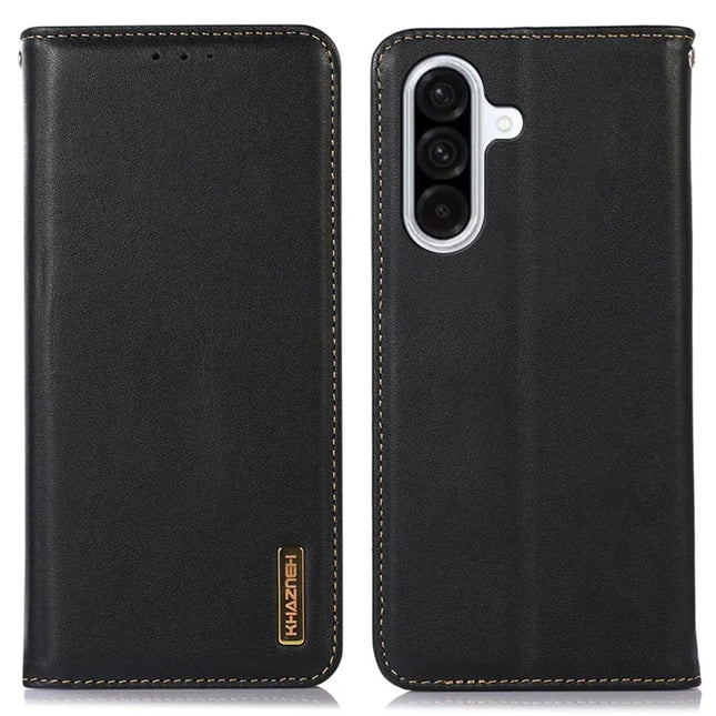 KHAZNEH For Samsung Galaxy A26 5G Case Genuine Cow Leather Wallet Phone Cover Nappa Texture - Black