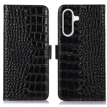 For Samsung Galaxy A56 5G Case Crocodile Texture Genuine Cow Leather Phone Wallet Cover - Black