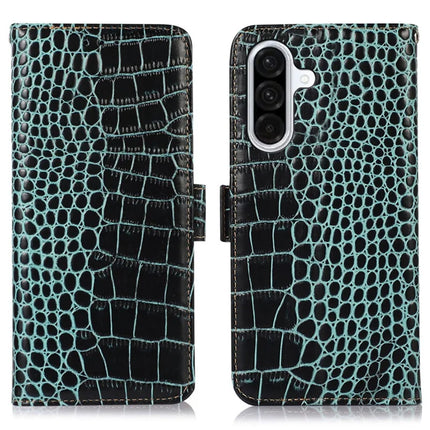 For Samsung Galaxy A56 5G Case Crocodile Texture Genuine Cow Leather Phone Wallet Cover - Green
