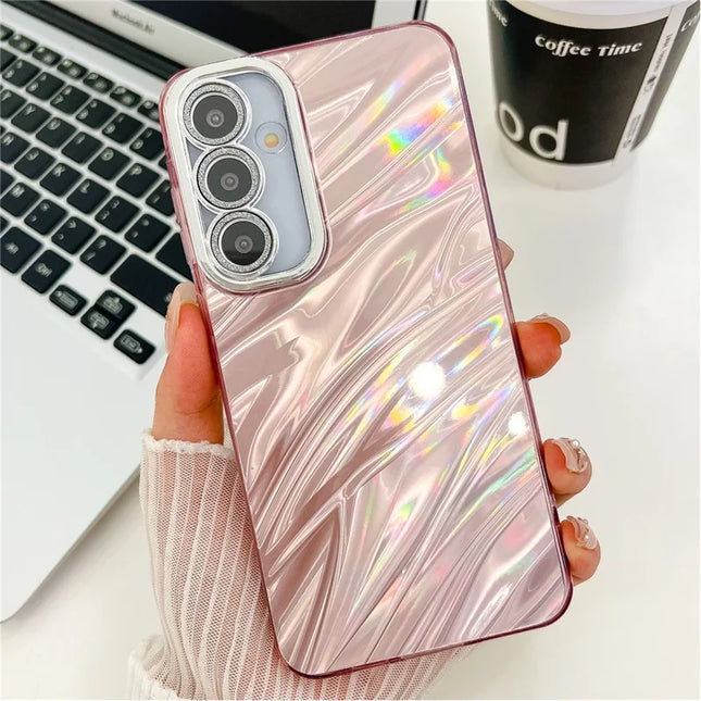 For Samsung Galaxy A54 5G Case IMD Design Shockproof PC+TPU Phone Cover with Glass Lens Film - Ripple Pattern / Pink