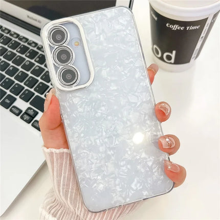 For Samsung Galaxy A54 5G Case IMD Design Shockproof PC+TPU Phone Cover with Glass Lens Film - Shell Pattern / White