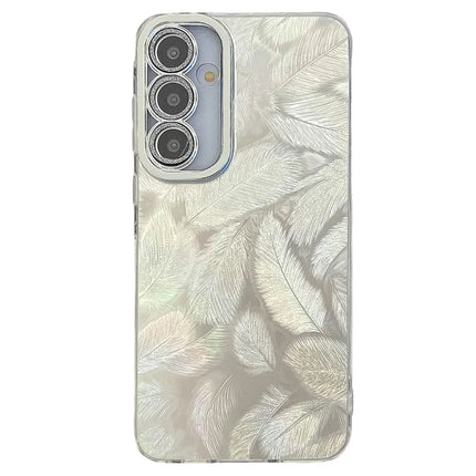 For Samsung Galaxy A54 5G Case IMD Design Shockproof PC+TPU Phone Cover with Glass Lens Film - Feather Pattern / Silver