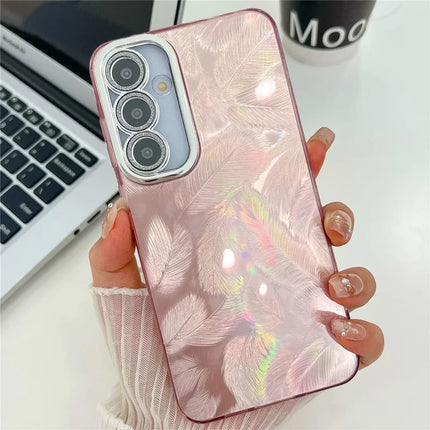 For Samsung Galaxy A54 5G Case IMD Design Shockproof PC+TPU Phone Cover with Glass Lens Film - Feather Pattern / Pink