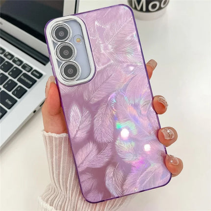 For Samsung Galaxy A54 5G Case IMD Design Shockproof PC+TPU Phone Cover with Glass Lens Film - Feather Pattern / Purple