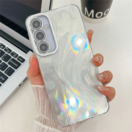 For Samsung Galaxy A54 5G Case IMD Design Shockproof PC+TPU Phone Cover with Glass Lens Film - Feather Yarn Pattern / Silver