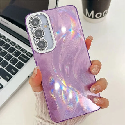For Samsung Galaxy A54 5G Case IMD Design Shockproof PC+TPU Phone Cover with Glass Lens Film - Feather Yarn Pattern / Purple