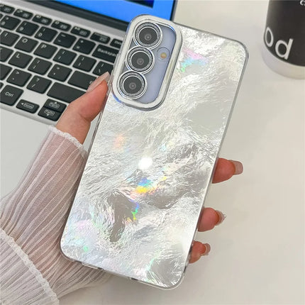 For Samsung Galaxy A54 5G Case IMD Design Shockproof PC+TPU Phone Cover with Glass Lens Film - Foil Pattern / Silver