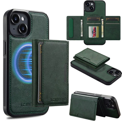 LC.IMEEKE L5 For iPhone 13 Magnetic Phone Case Leather Back Cover with Detachable Card Holder - Green