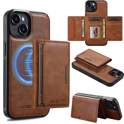 LC.IMEEKE L5 For iPhone 13 Magnetic Phone Case Leather Back Cover with Detachable Card Holder - Brown