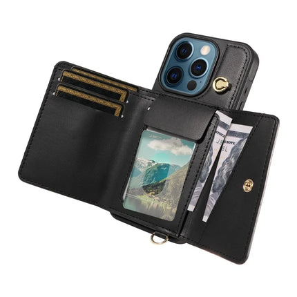 For iPhone 12 Pro Max Crossbody Phone Case Card Holder Kickstand Leather Coated TPU Mobile Cover