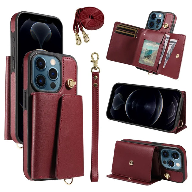 For iPhone 12 Pro Max Crossbody Phone Case Card Holder Kickstand Leather Coated TPU Mobile Cover - Wine Red