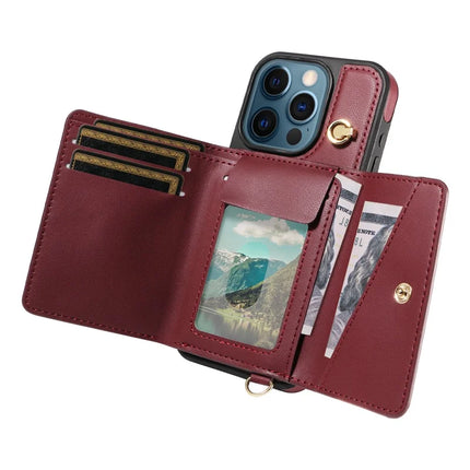 For iPhone 12 Pro Max Crossbody Phone Case Card Holder Kickstand Leather Coated TPU Mobile Cover