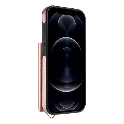 For iPhone 12 Pro Max Crossbody Phone Case Card Holder Kickstand Leather Coated TPU Mobile Cover