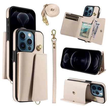 For iPhone 12 Pro Max Crossbody Phone Case Card Holder Kickstand Leather Coated TPU Mobile Cover - Beige