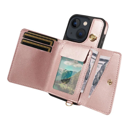 For iPhone 14 / 13 Crossbody Phone Case Card Holder Kickstand Leather Coated TPU Mobile Cover