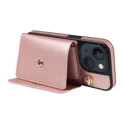 For iPhone 14 / 13 Crossbody Phone Case Card Holder Kickstand Leather Coated TPU Mobile Cover