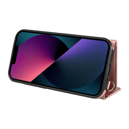 For iPhone 14 / 13 Crossbody Phone Case Card Holder Kickstand Leather Coated TPU Mobile Cover