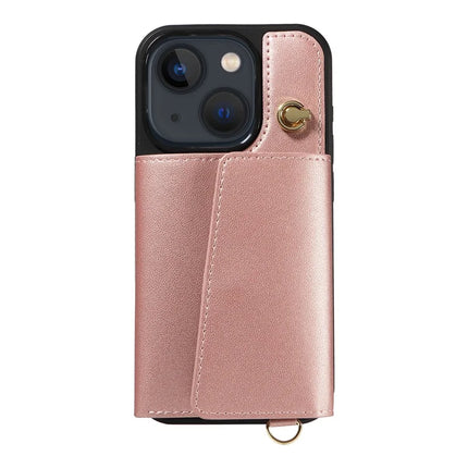 For iPhone 14 / 13 Crossbody Phone Case Card Holder Kickstand Leather Coated TPU Mobile Cover