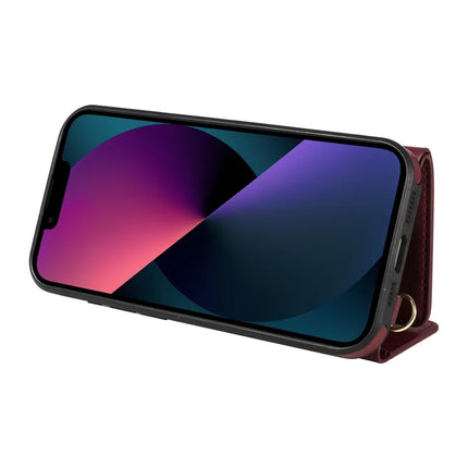 For iPhone 14 / 13 Crossbody Phone Case Card Holder Kickstand Leather Coated TPU Mobile Cover