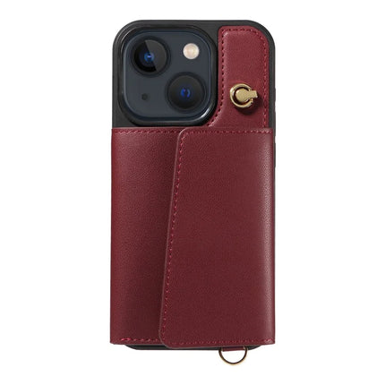 For iPhone 14 / 13 Crossbody Phone Case Card Holder Kickstand Leather Coated TPU Mobile Cover