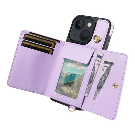 For iPhone 14 / 13 Crossbody Phone Case Card Holder Kickstand Leather Coated TPU Mobile Cover
