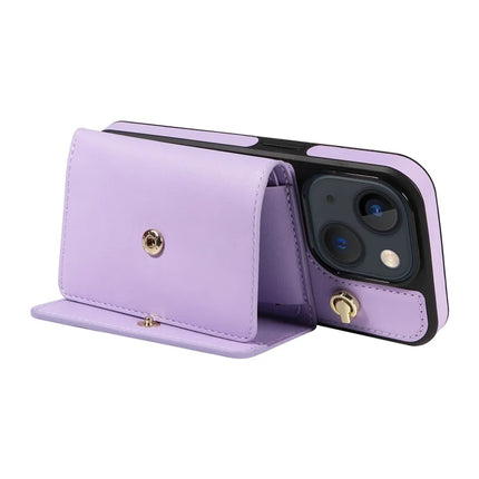For iPhone 14 / 13 Crossbody Phone Case Card Holder Kickstand Leather Coated TPU Mobile Cover