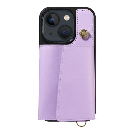 For iPhone 14 / 13 Crossbody Phone Case Card Holder Kickstand Leather Coated TPU Mobile Cover