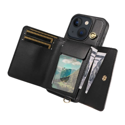 For iPhone 14 / 13 Crossbody Phone Case Card Holder Kickstand Leather Coated TPU Mobile Cover