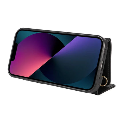 For iPhone 14 / 13 Crossbody Phone Case Card Holder Kickstand Leather Coated TPU Mobile Cover