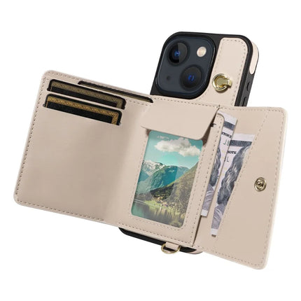 For iPhone 14 / 13 Crossbody Phone Case Card Holder Kickstand Leather Coated TPU Mobile Cover