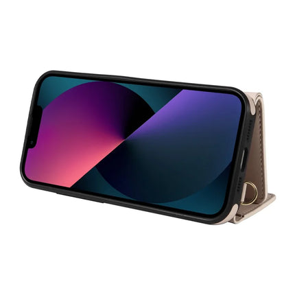 For iPhone 14 / 13 Crossbody Phone Case Card Holder Kickstand Leather Coated TPU Mobile Cover