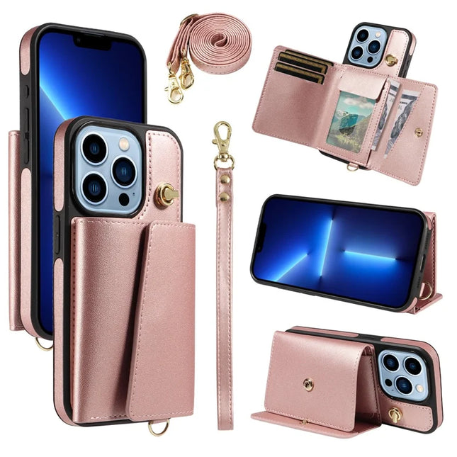 For iPhone 13 Pro Max Crossbody Phone Case Card Holder Kickstand Leather Coated TPU Mobile Cover - Rose Gold