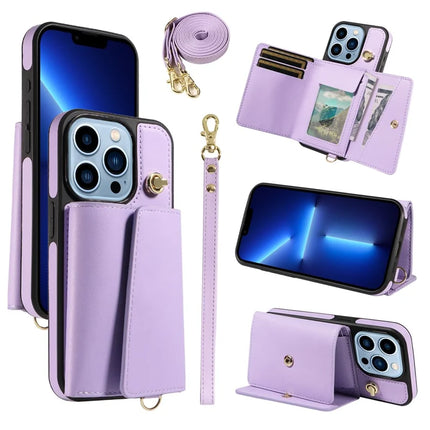 For iPhone 13 Pro Max Crossbody Phone Case Card Holder Kickstand Leather Coated TPU Mobile Cover - Purple