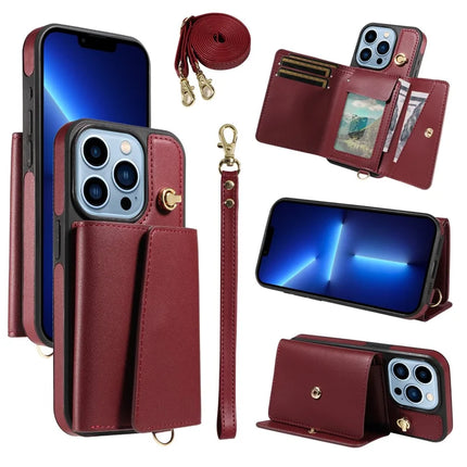 For iPhone 13 Pro Max Crossbody Phone Case Card Holder Kickstand Leather Coated TPU Mobile Cover - Wine Red