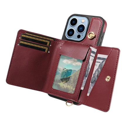 For iPhone 13 Pro Max Crossbody Phone Case Card Holder Kickstand Leather Coated TPU Mobile Cover